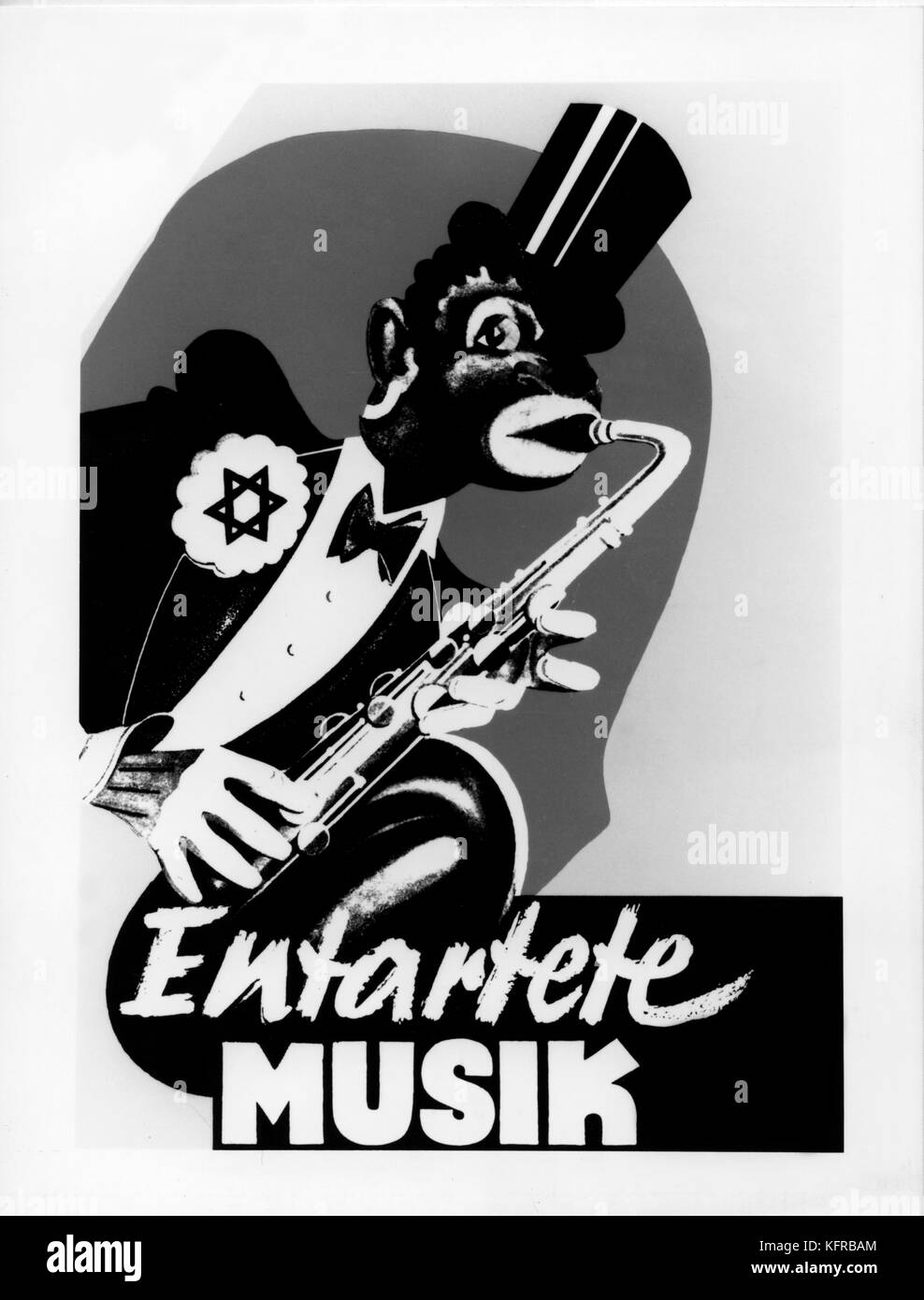 Ns-Propaganda Poster für Entartete Musik Musik Ausstellung stereotyp Karikatur der schwarze Mann spielt Saxophon. Aus Düsseldorf Ausstellung, 1938. Künstler nicht bekannt Stockfoto