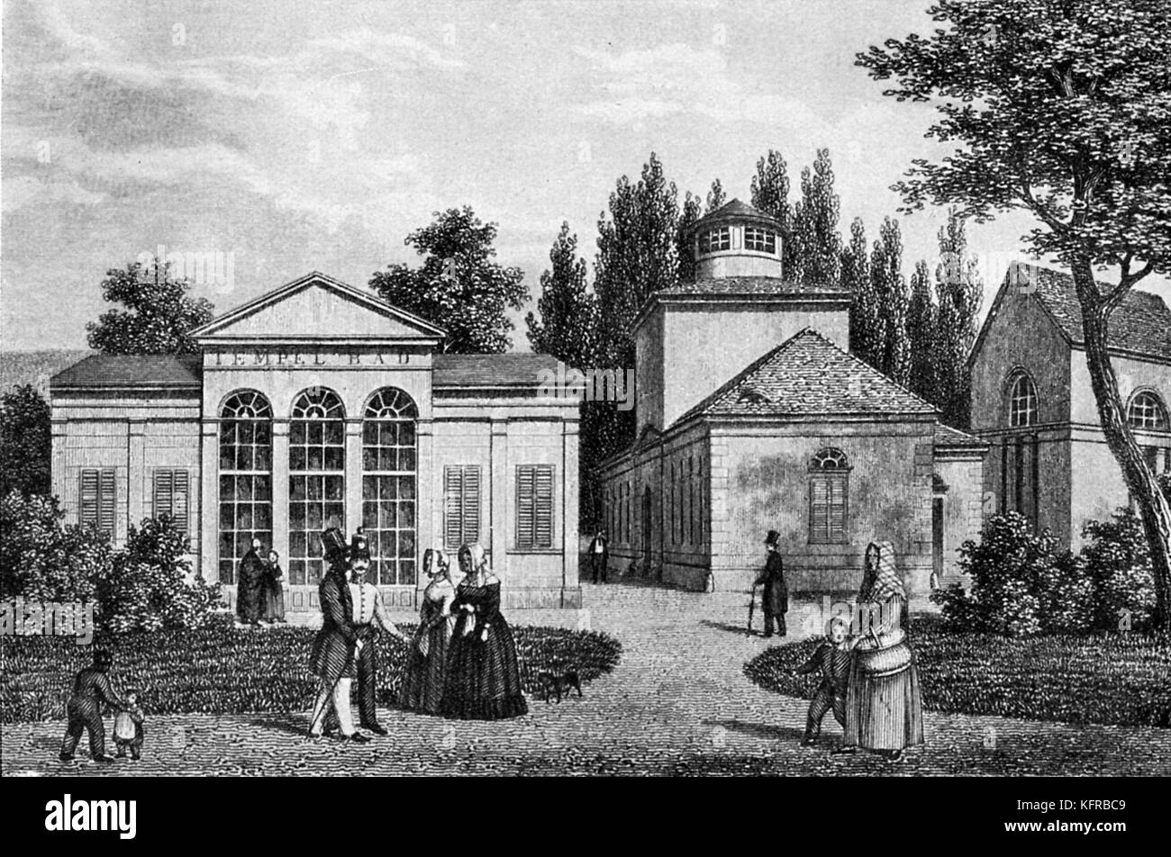 Tepliz - Treffpunkt von Beethoven und Goethe im Jahr 1812. Kurort in der Tschechischen Republik. Anfang des neunzehnten Jahrhunderts Gravur. Ludwig van Beethoven: Deutscher Komponist, 17. Dezember 1770 - vom 26. März 1827. Johann Wolfgang von Goethe: Deutscher Schriftsteller, 28. August 1749 - 22. März 1832. Stockfoto