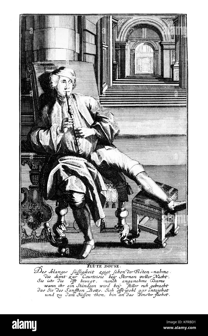 Mann spielt indizierten Recorder (flûte Regenschauer/flûte Douce / Flûte à Bec), 17. Kupferstich von J C Weigel (1661-1726) von "usicalisches Theatrum'. Stockfoto