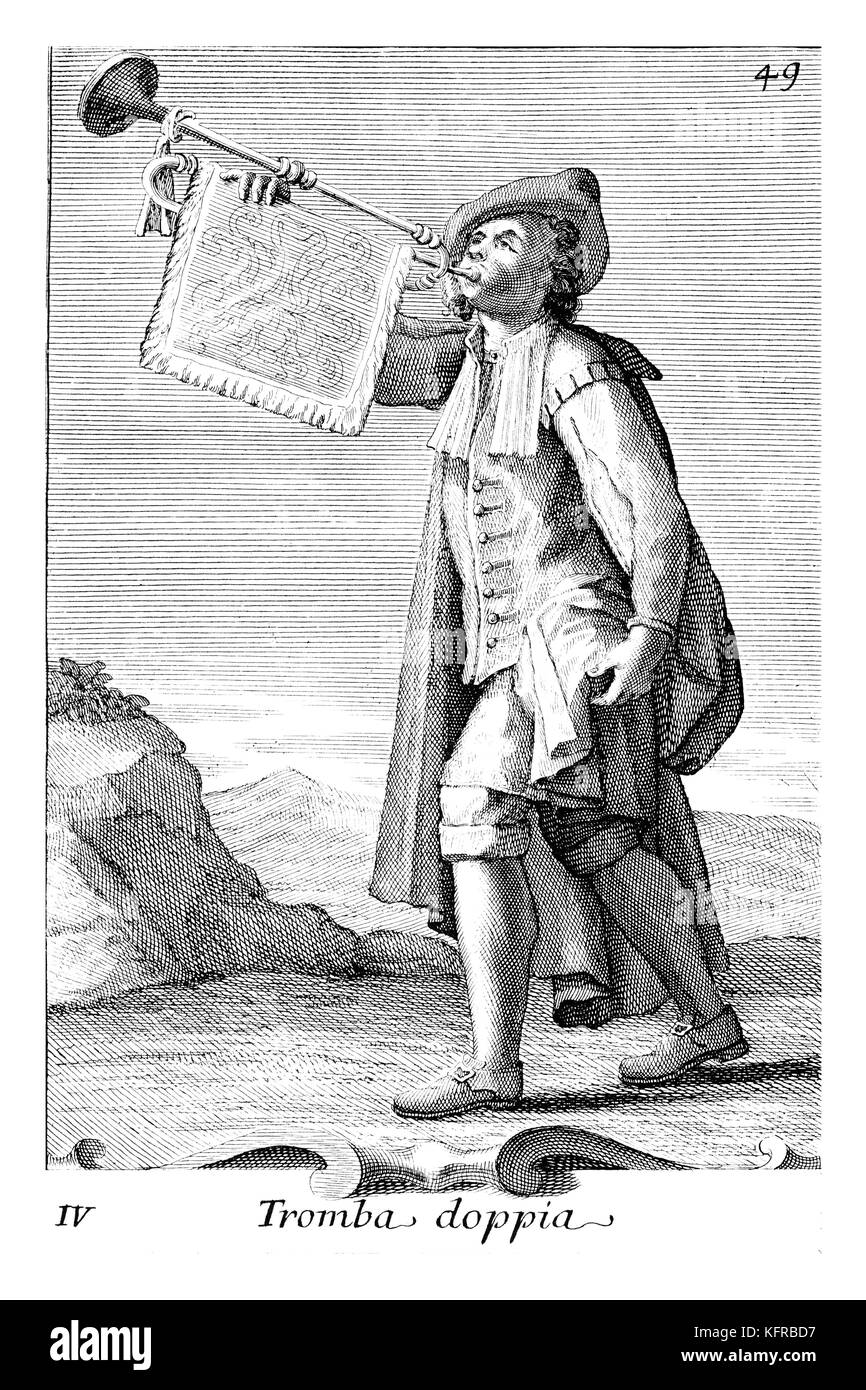 Anfang des 18. Jahrhunderts, Trompete. Abbildung von Filippo Bonanni's 'Gabinetto Armonico" im Jahre 1723 veröffentlicht, Abbildung 4. Kupferstich von Arnold Van Westerhout. Bildunterschrift liest Tromba droppia. Stockfoto