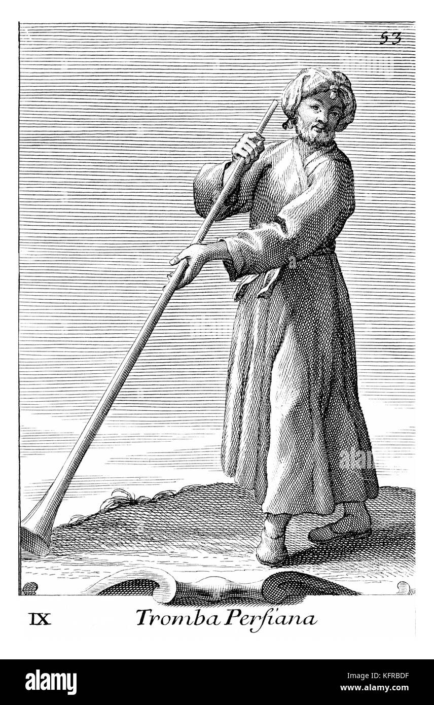 Mann spielt Persischen Trompete. Abbildung von Filippo Bonanni's 'Gabinetto Armonico" im Jahre 1723 veröffentlicht, Abbildung 9. Kupferstich von Arnold Van Westerhout. Bildunterschrift liest Tromba Persiana. Stockfoto
