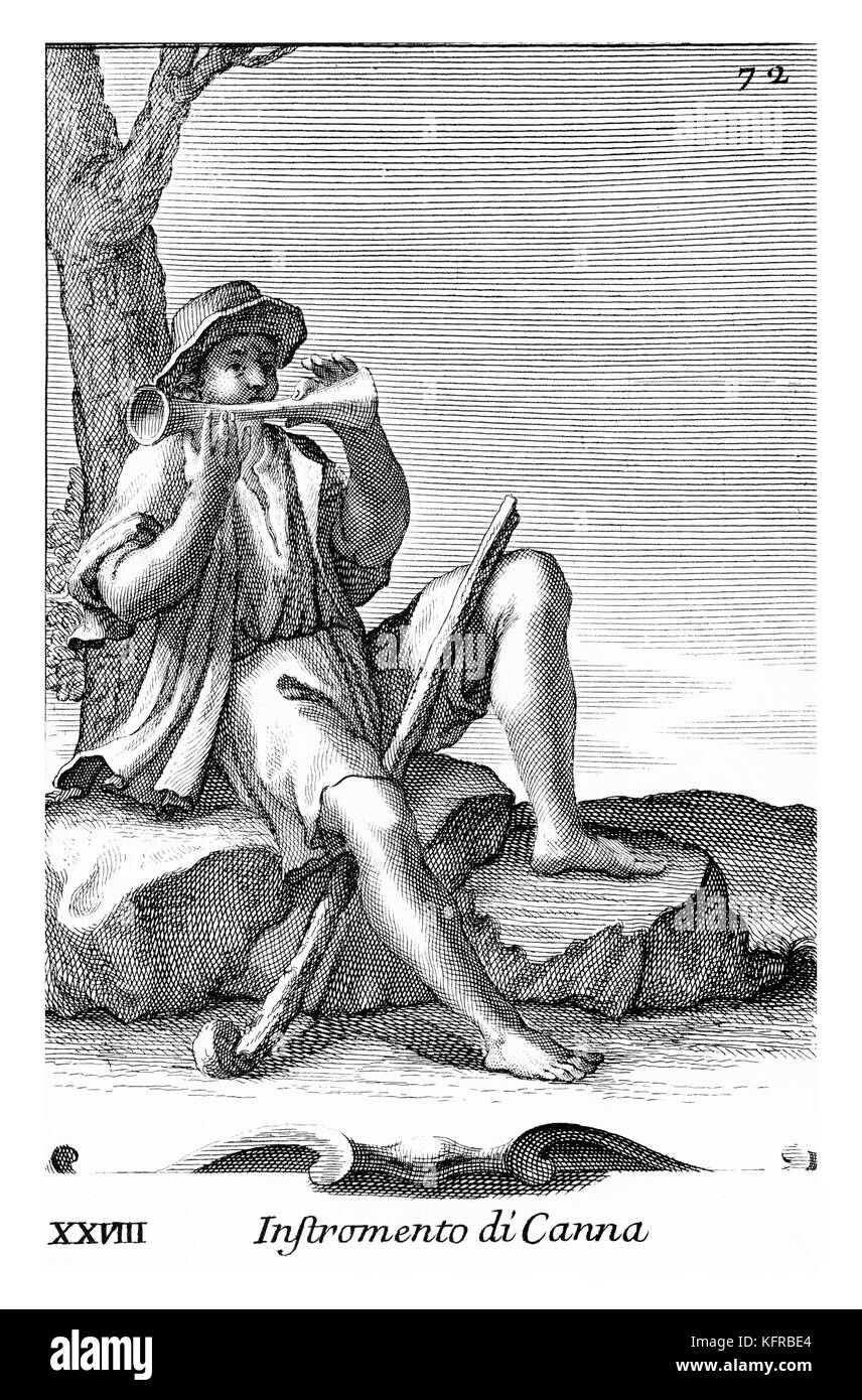 Junge mit Bird Whistles - als Lockvögel durch Vogel Catchers verwendet. Abbildung von Filippo Bonanni's 'Gabinetto Armonico" im Jahre 1723 veröffentlicht, Abbildung 28. Kupferstich von Arnold Van Westerhout. Bildunterschrift liest Instromento di Canna. Stockfoto