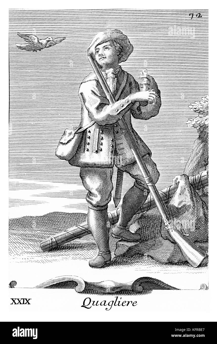 Vogel catcher mit Wachtel Pfeifen. Abbildung von Filippo Bonanni's 'Gabinetto Armonico" im Jahre 1723 veröffentlicht, Abbildung 29. Kupferstich von Arnold Van Westerhout. Bildunterschrift liest Quagliere. Stockfoto