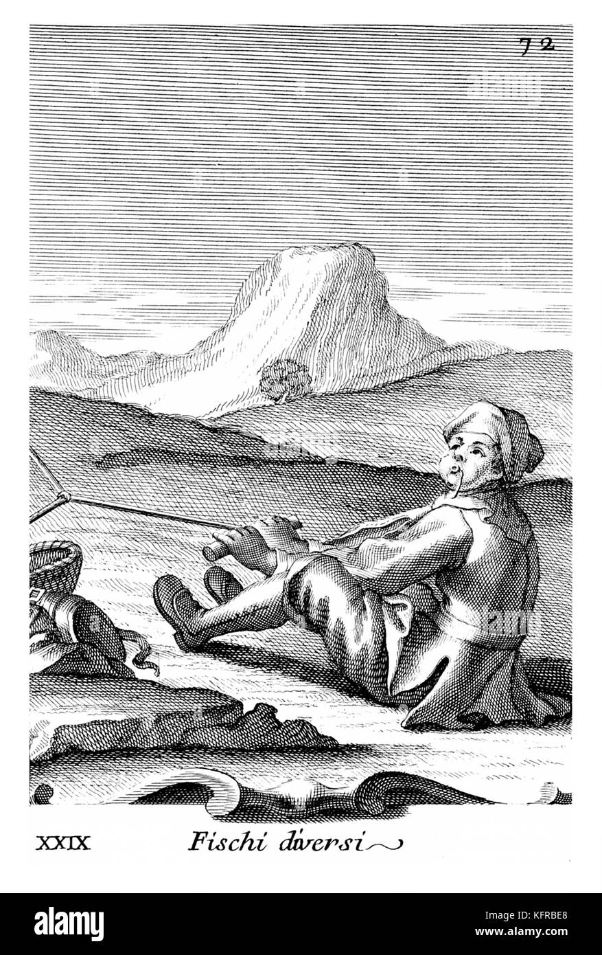 Vogel catcher mit Pfiff. Abbildung von Filippo Bonanni's 'Gabinetto Armonico" im Jahre 1723 veröffentlicht, Abbildung 29. Kupferstich von Arnold Van Westerhout. Bildunterschrift liest Fischi diversi. Stockfoto