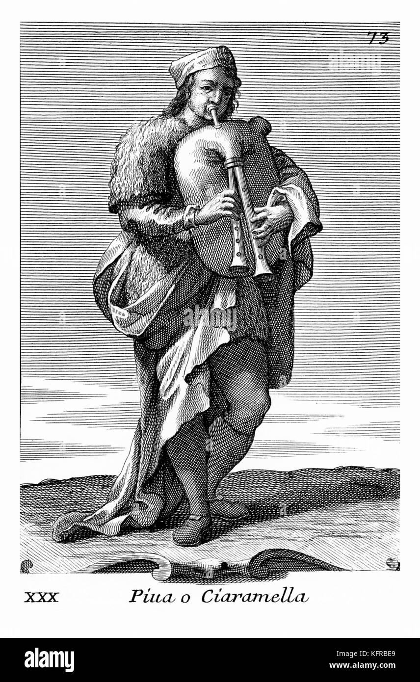 Mann spielt Zampogna, italienischer Folk pagpipe. Abbildung von Filippo Bonanni's 'Gabinetto Armonico" im Jahre 1723 veröffentlicht, Abbildung 30. Kupferstich von Arnold Van Westerhout. Bildunterschrift liest Pina o Ciaramella. Stockfoto