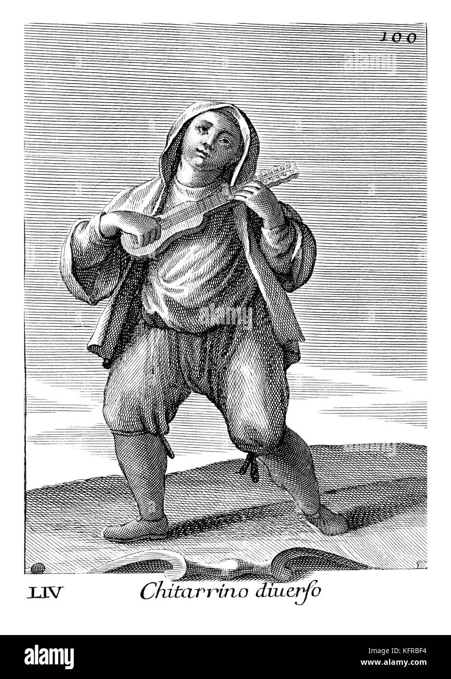 Junge spielt eine kleine italienische Gitarre mit 6 Saiten. Abbildung von Filippo Bonanni's 'Gabinetto Armonico" im Jahre 1723 veröffentlicht, Abbildung 54. Kupferstich von Arnold Van Westerhout. Bildunterschrift liest Chitarrino diuerso Stockfoto