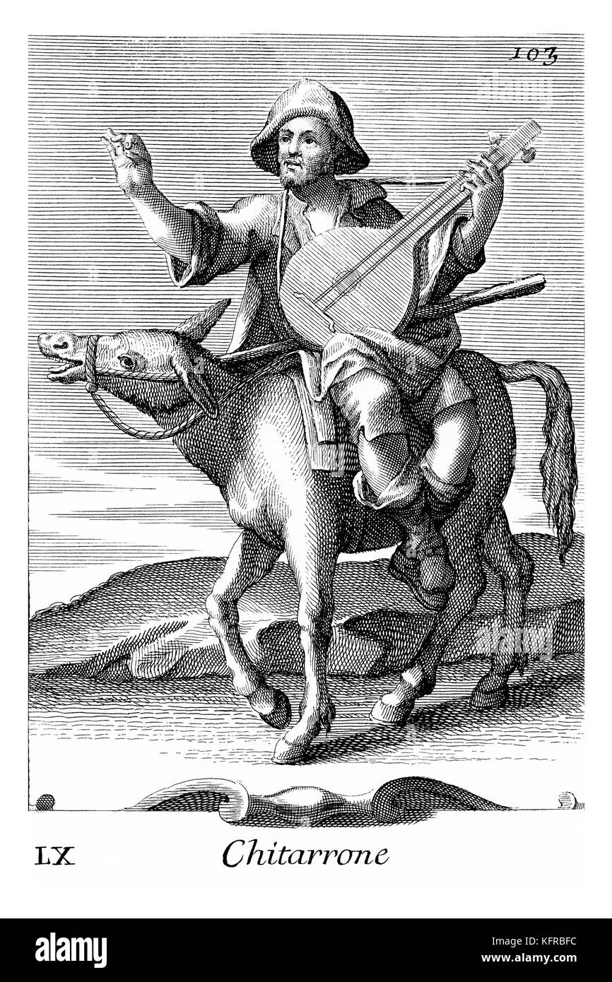 Mann, ein Esel mit einem großen Gitarre. Abbildung von Filippo Bonanni's 'Gabinetto Armonico" im Jahre 1723 veröffentlicht, Abbildung 60. Kupferstich von Arnold Van Westerhout. Bildunterschrift liest Chitarrone. Stockfoto