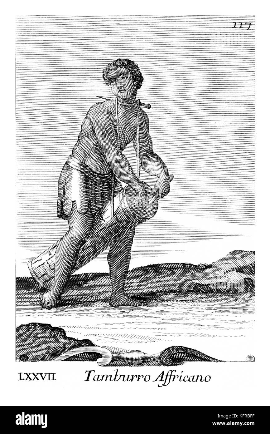 Afrikanische Tubular Drum. Abbildung von Filippo Bonanni's 'Gabinetto Armonico" im Jahre 1723 veröffentlicht, Abbildung 77. Kupferstich von Arnold Van Westerhout. Bildunterschrift liest Tamburro Affricano Stockfoto