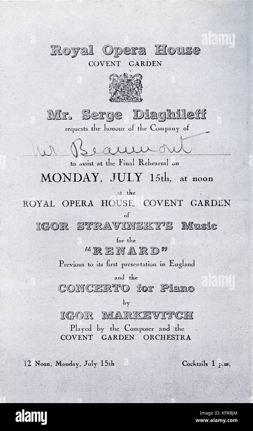 Diaghilev Ballett: Einladung zur Generalprobe von Renard, komponiert von Igor Strawinsky. 15. Juli 1929 datiert. Stockfoto
