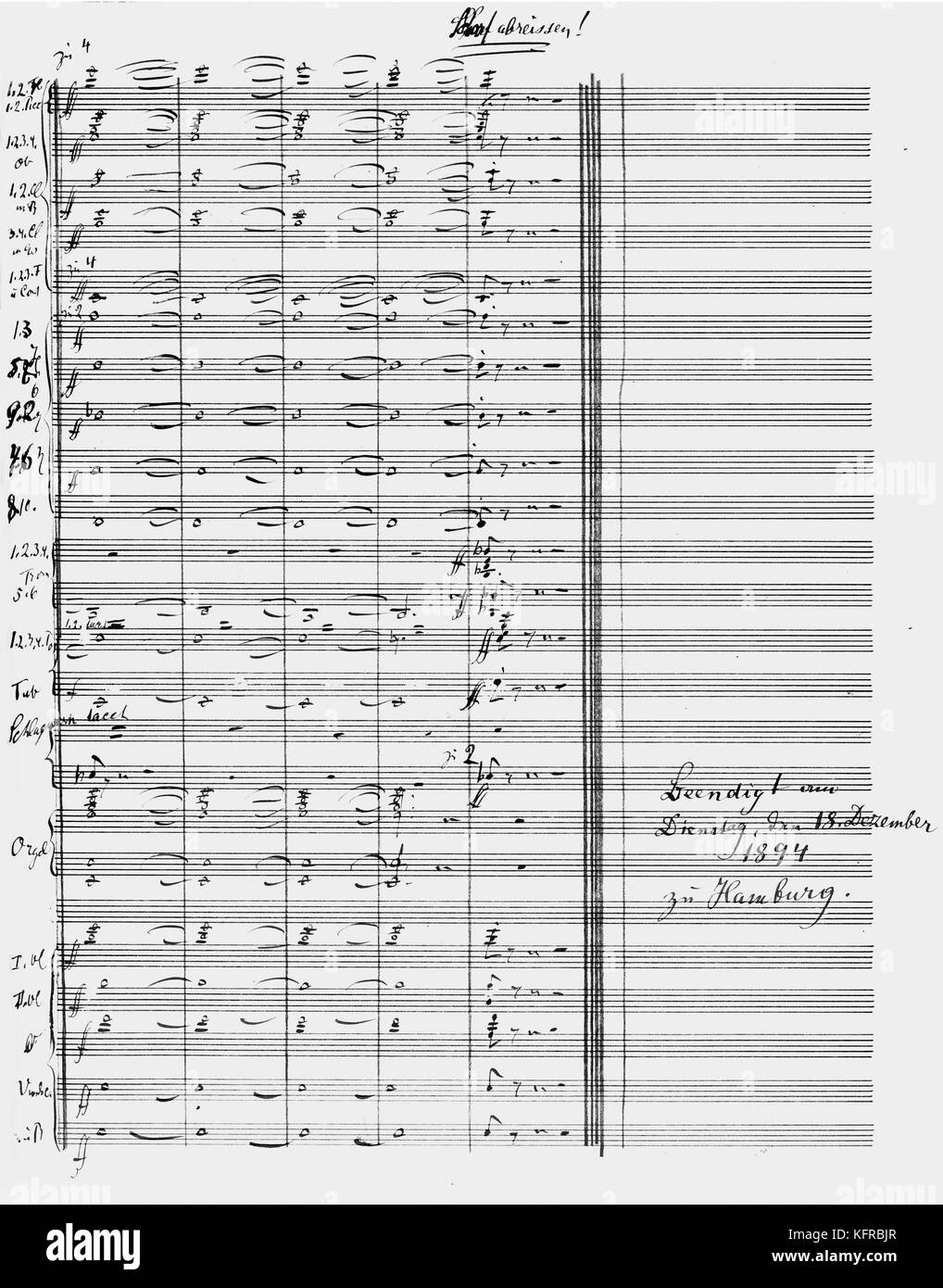 Gustav Mahler, der Auferstehung - letzte Seite des 5.Satz aus der 2. Sinfonie. Musik unterzeichnet und von der Komponist vom 18. Dezember 1894, Hamburg datiert. GM: Der österreichische Komponist, vom 7. Juli 1860 bis 18. Mai 1911 Stockfoto