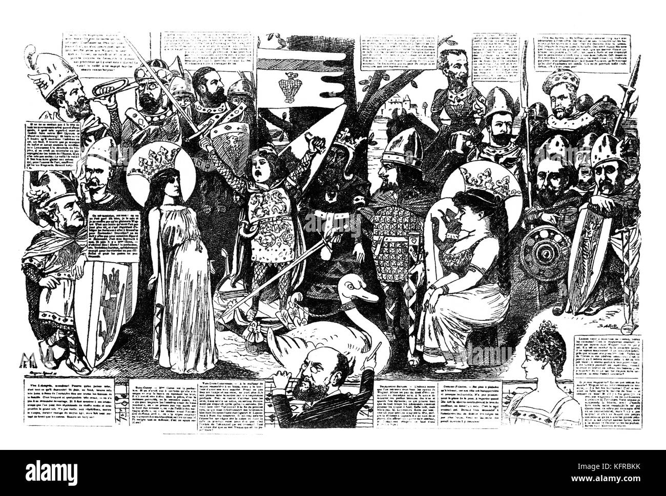 "Lohengrin" von Richard Wagner. Karikatur aus dem Französischen satirischen Zeitschrift "La Vie Parisienne", 26. September 1891 gezeichnet von Sahib. Bildunterschrift lautet: "Die Ankunft von Lohengrin". (Richard Wagner nach Paris kam im September 1891 für stornorichtlinien von Lohengrin Produktion und wurde von der französischen Presse angegriffen) deutscher Komponist & Autor, 22. Mai 1813 - vom 13. Februar 1883. Stockfoto
