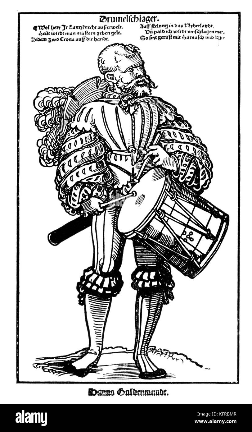 Schlagzeuger Gravur von Hans Sebald Beham (für Hanns Guldenmudt Landsknechtforge's). HSB deutscher Grafiker 1500-1550. Stockfoto