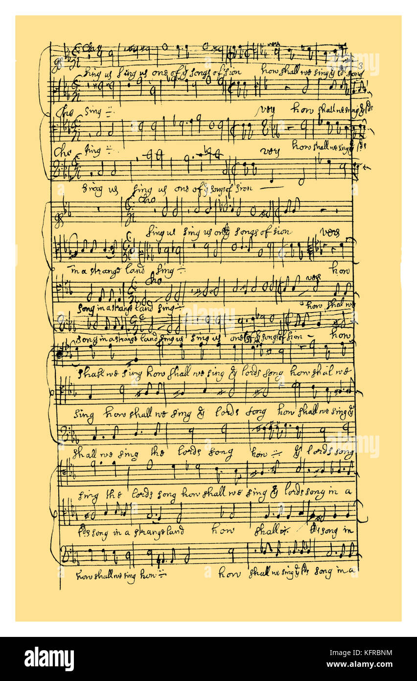 Autogramm: Vocal score von Henry Purcell der Hymne "An den Wassern zu Babel', vermutlich vor 1683. Die Bewertung ist auf einer früheren Hymne von Pelham Humfrey gegründet, d. 1674. Englischer Organist und Komponist des Barock der weltlichen und geistlichen Musik, 10. September 1659 und dem 21. November 1695. Quelle: British Museum. Stockfoto