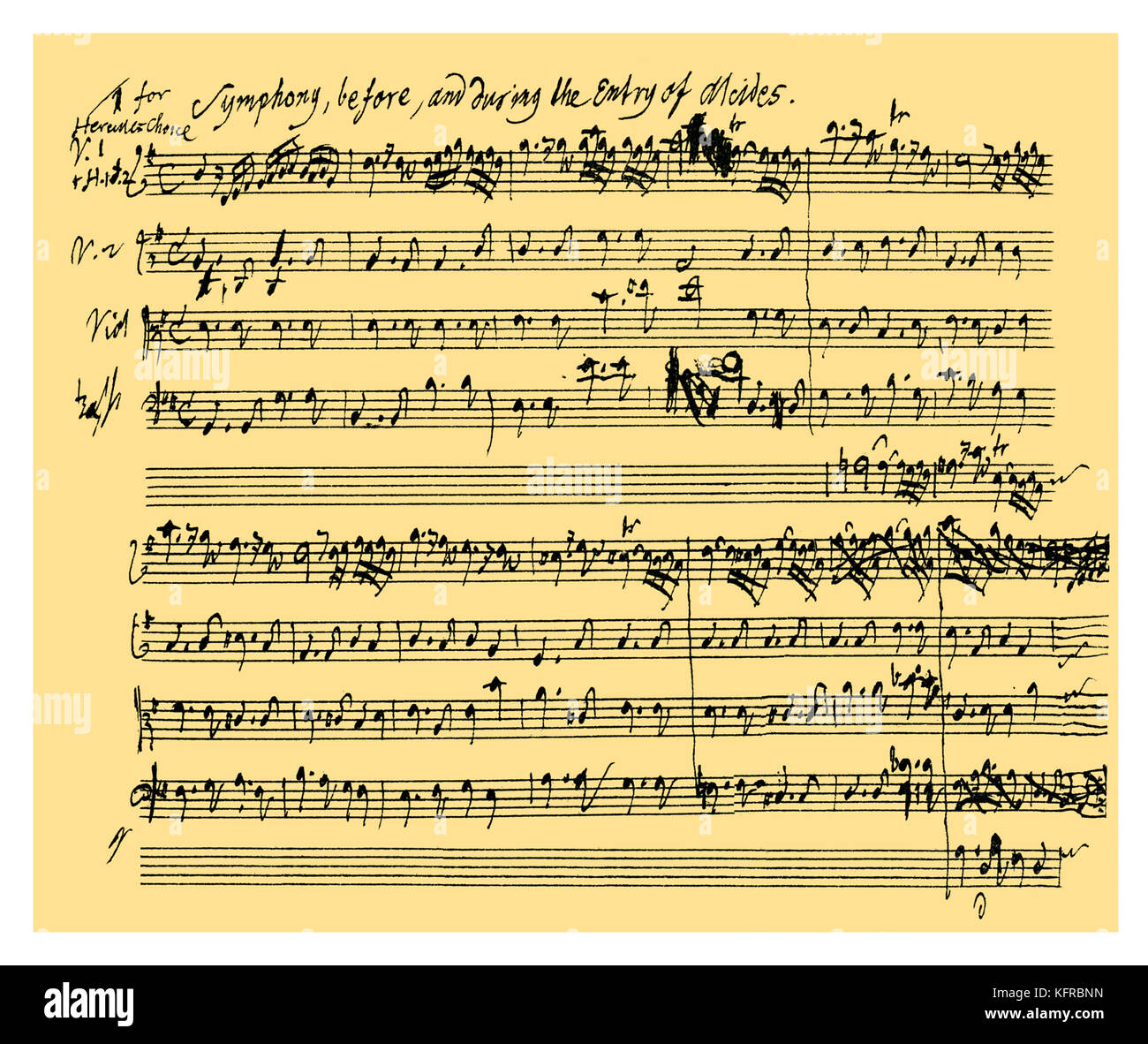 Alcestes Autogramm: Beginn der Sinfonie, die begleitet den Eintrag von Alcides in Tobias Smollett ansonsten unbekannten Spielen von 'Alcestes', die mit Musik von Händel, die zwischen dem 27. Dezember 1749 und 8. Januar 1750 eingestellt. Die Zusammensetzung ist die einzige bekannte Exemplar der Bühnenmusik von Händel und nur zwei Rechtsakte sind noch vorhanden. Die Musik wurde nie durchgeführt, die ursprünglich (für Covent Garden Theatre), sondern, wie sich aus den Hinweis in der Platte, Teile davon für "Die Wahl des Herkules", Juni - Juli 1750 verwendet wurden. Deutsch-englischer Komponist, 23. Februar 1685 - 14. April 1759 Stockfoto