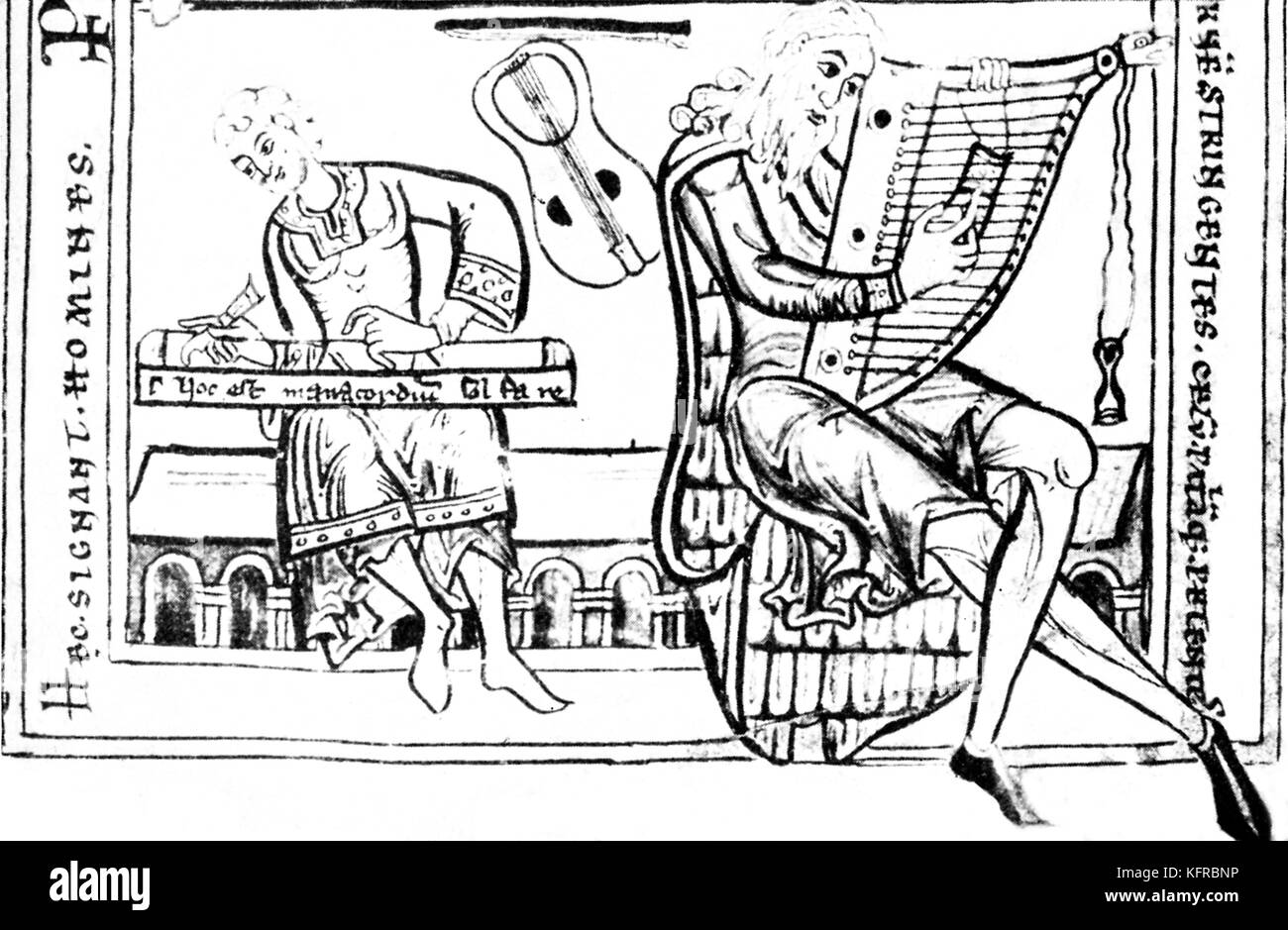 Musiker mit monochord, Rotta, und Harfe. Codex Lat. 2599. München Staatsbibliothek. Stockfoto