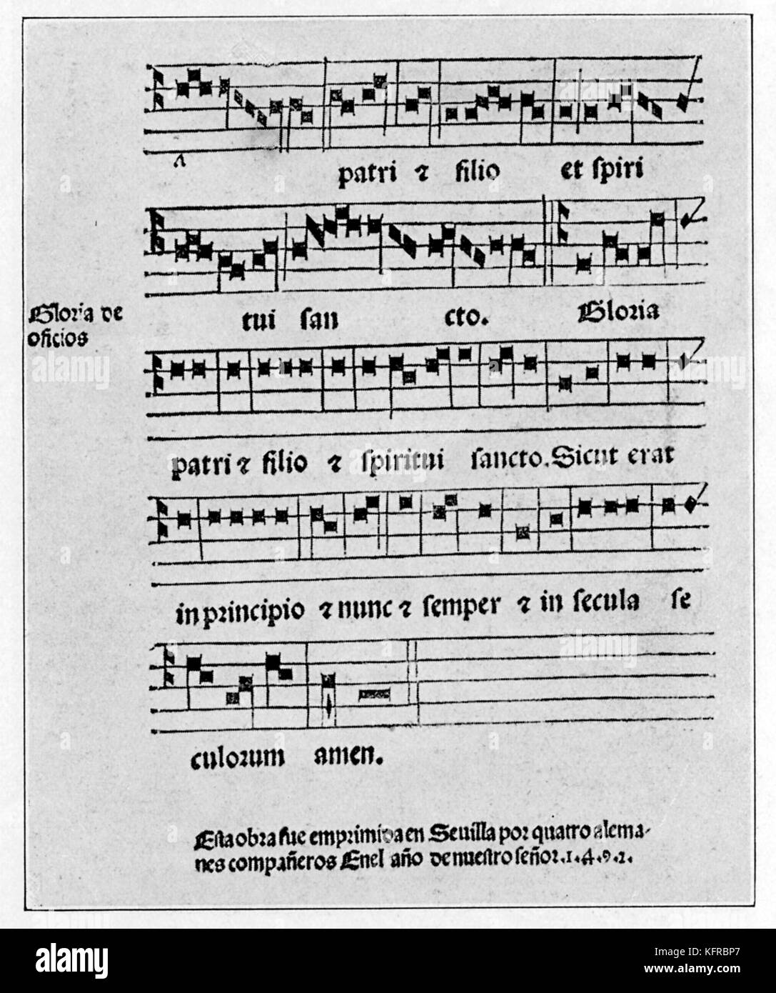 'Lux Bella"-score Sevilla, 1492. Die erste spanische gedruckte Musik. Des Druckers Hinweis lautet: "Diese Arbeit war in Sevilla von vier Deutschen Handwerker im Jahre des Herrn 1492 gedruckt). Stockfoto
