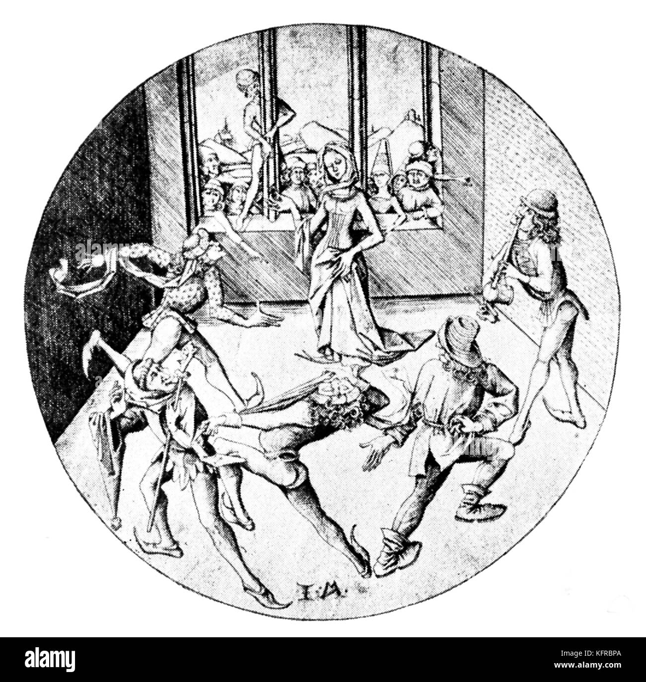 "Die maskierten Tänzer" (One-hand Flöte und Trommel). Kupferstich von Israel/Israhel van Meckenem. 1445-1503 Stockfoto
