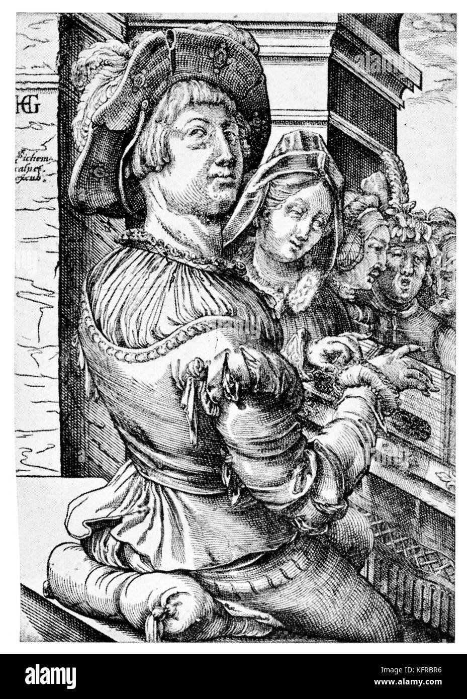 Salterio player. Holzschnitt von Christoph van Sichem nach Hendrik Goltzius. Niederländische Künstler: Januar oder Februar 1558 - 1. Januar 1617 Stockfoto