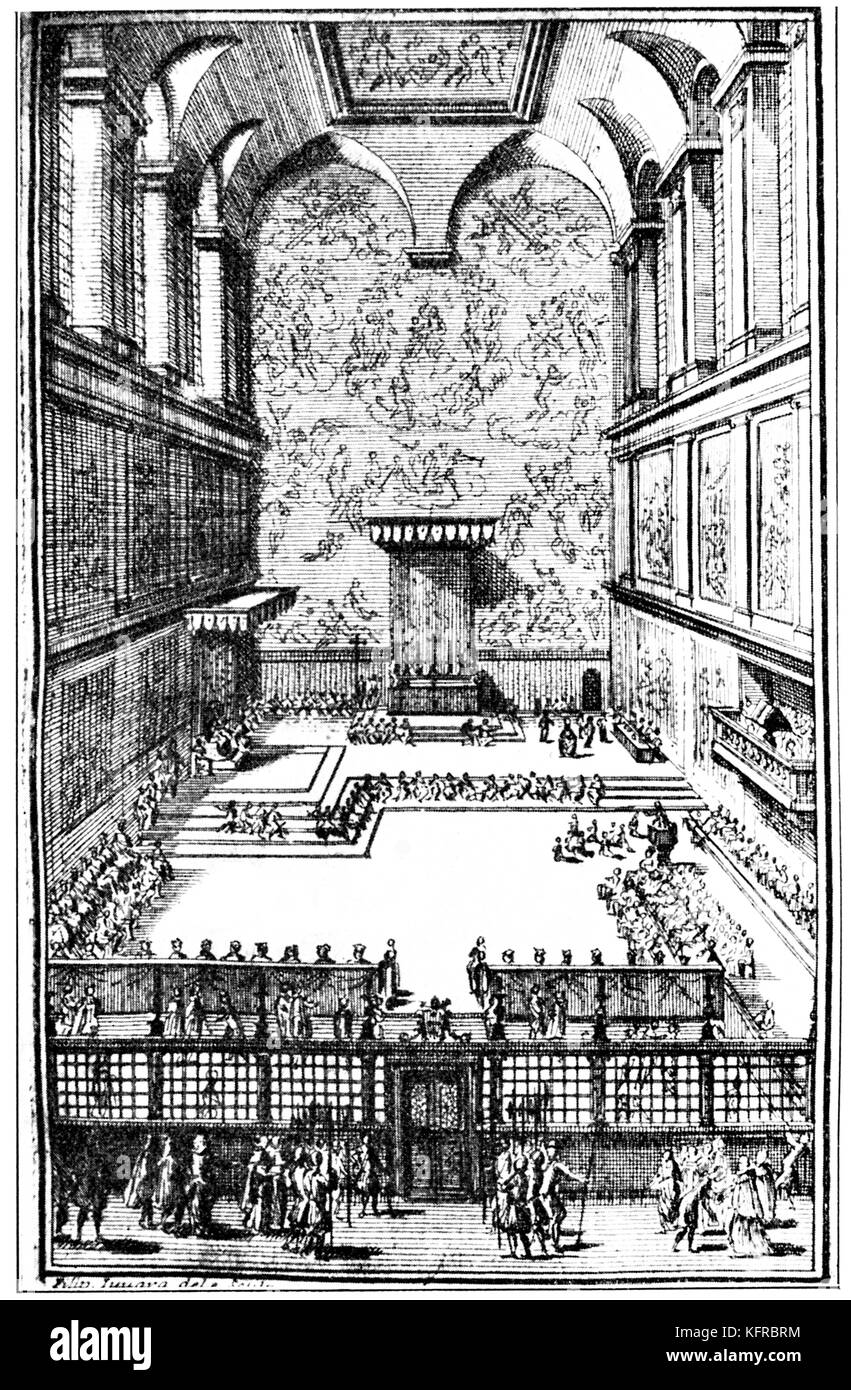 Ansicht der Sixtinischen Kapelle in Rom, erbaut von Giovanni de Dolci (1473-81). Radierung von Filippo Juvara, 1711. Filippo Juvara, italienischer Architekt und Bühnenbildner (7. März 7 1678 - 31. Januar 1736). Stockfoto