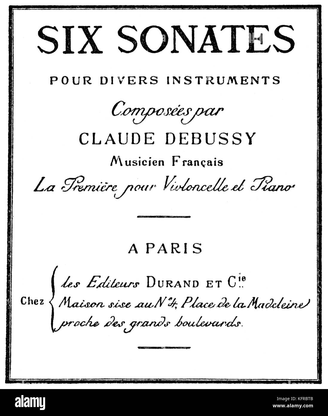 Debussy's geplanten sechs Sonaten - Punkte abdecken. Der französische Komponist, 22. August 1862 - 25. März 1918. Stockfoto