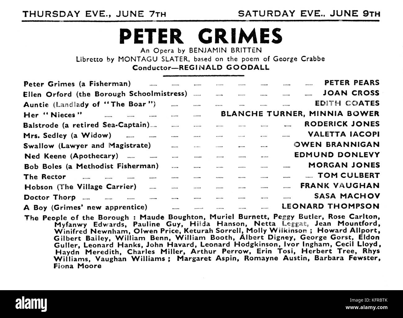 Brittens Oper "Peter Grimes"-Programm von Premiere in Sadler's Wells, London, 1945 mit voller Besetzung. Englische Komponist, Dirigent und Pianist, 22. November 1913 - vom 4. Dezember 1976. Stockfoto