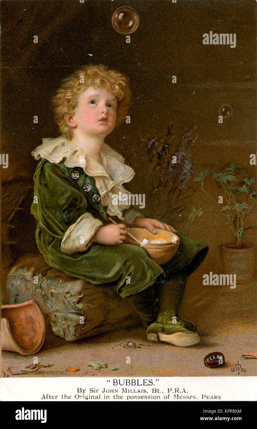 Blasen nach Gemälde von Sir John Everett Millais wie in der Birnen Anzeige verwendet. In 1885-6 lackiert. Zeigt eine Junge beobachtete Blasen er gerade durchgebrannt ist. Stockfoto