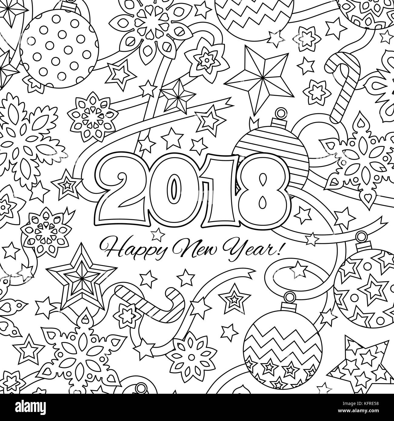 Neues Jahr herzlichen Glückwunsch Karte mit Nummern 2018 und festlichen Objekten. zentangle Stil inspiriert. zen bunte Grafik. Bild für Kalender, Malbuch. Stock Vektor