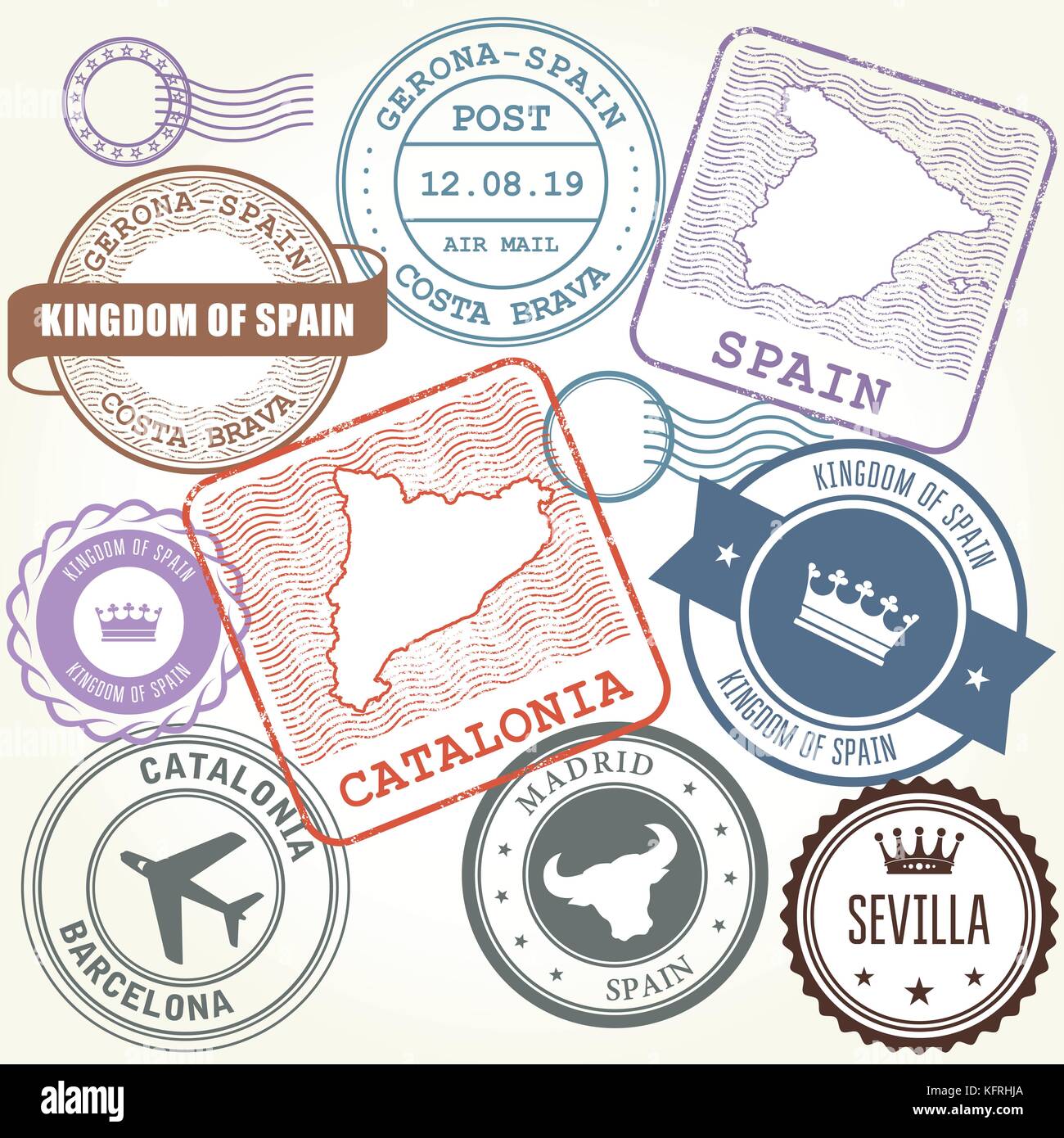 Reisen Briefmarken set Barcelona, Katalonien und Spanien Thema Stock Vektor