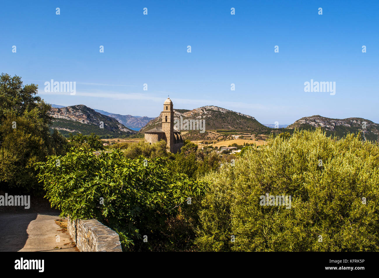 Korsika: Panoramablick auf das 16. Jahrhundert Kirche St. Martin in Patrimonio, kleine Stadt der Haute Corse, umgeben von grünen Hügeln und Weinbergen. Stockfoto