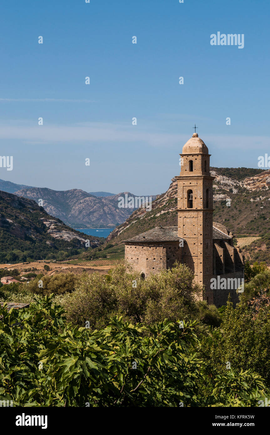 Korsika: Panoramablick auf das 16. Jahrhundert Kirche St. Martin in Patrimonio, kleine Stadt der Haute Corse, umgeben von grünen Hügeln und Weinbergen. Stockfoto