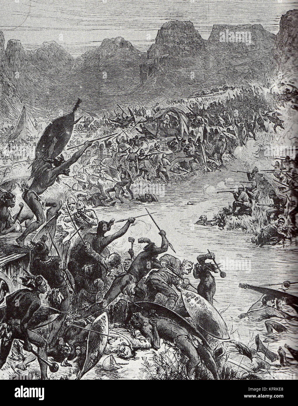 Kampf der intombe Fluss. Die Schlacht von intombe, intombi river Drift war eine kleine Aktion am 12. März 1879 kämpften, zwischen Zulu Kräfte und britische Soldaten verteidigen ein Konvoi. Stockfoto