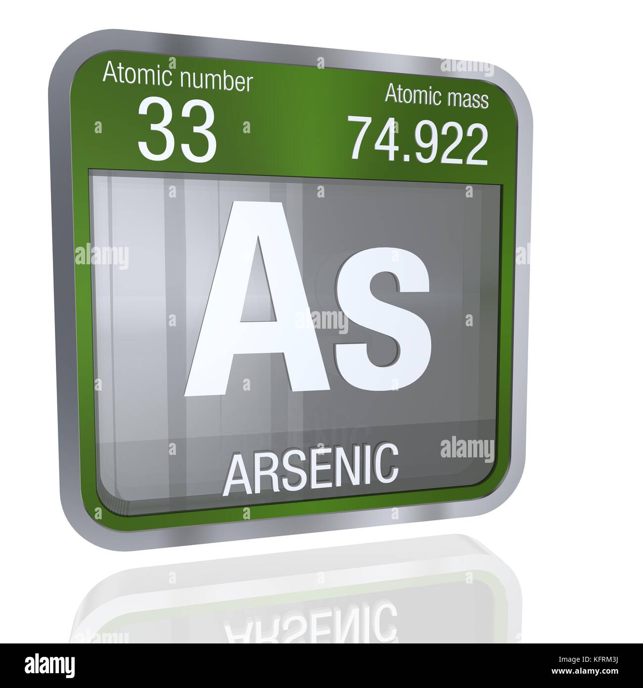 Arsensymbol in quadratischer Form mit metallischem Rand und transparentem Hintergrund mit Reflexion auf dem Boden. 3D-Rendering. Element Nummer 33 der Peri Stockfoto