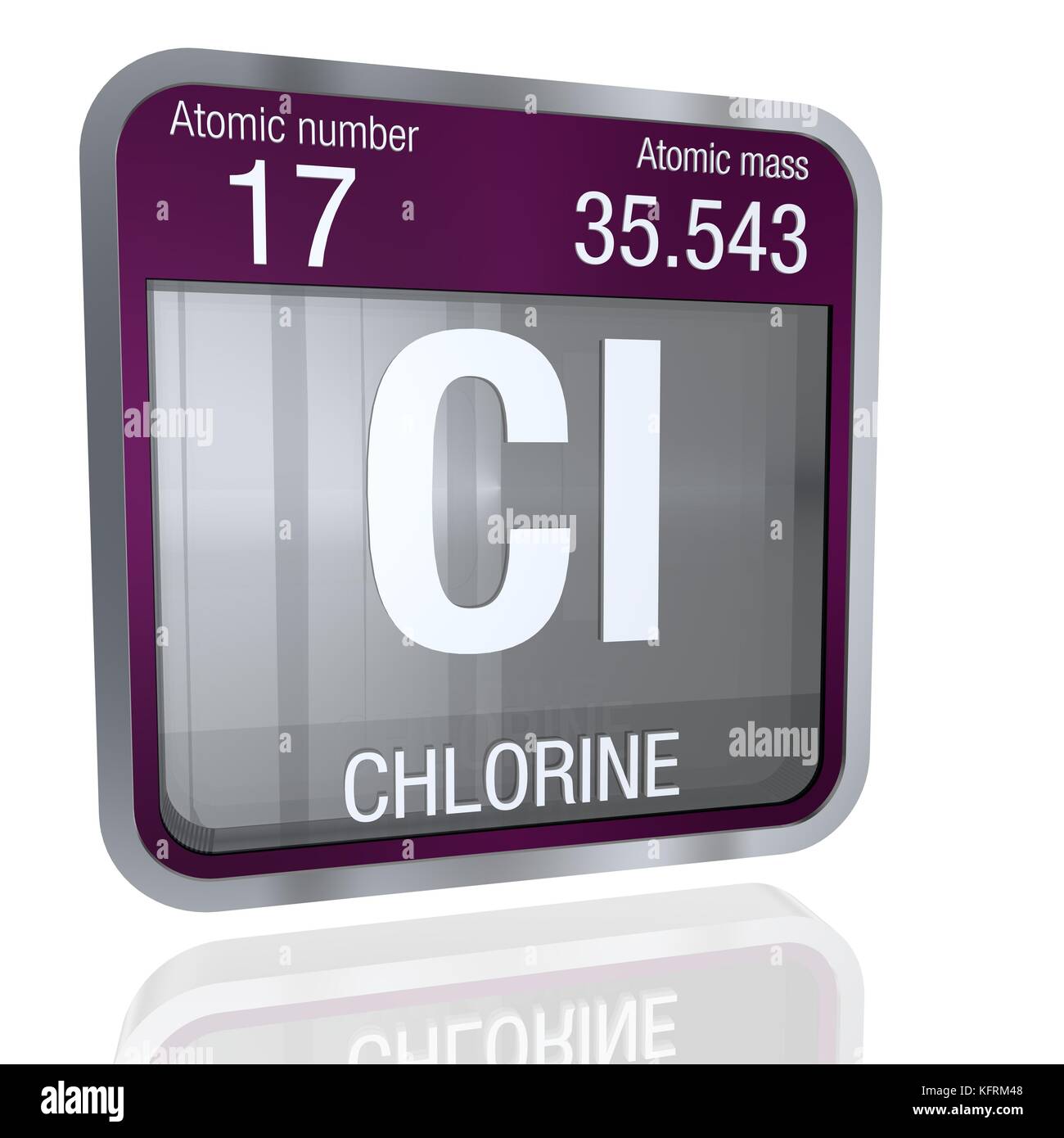 Chlorsymbol in quadratischer Form mit metallischem Rand und transparentem Hintergrund mit Reflexion auf dem Boden. 3D-Rendering. Elementnummer 17 des per Stockfoto