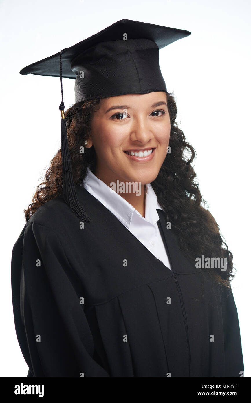 Brunette graduierte Mädchen Schüler Portrait auf weißem Hintergrund Stockfoto