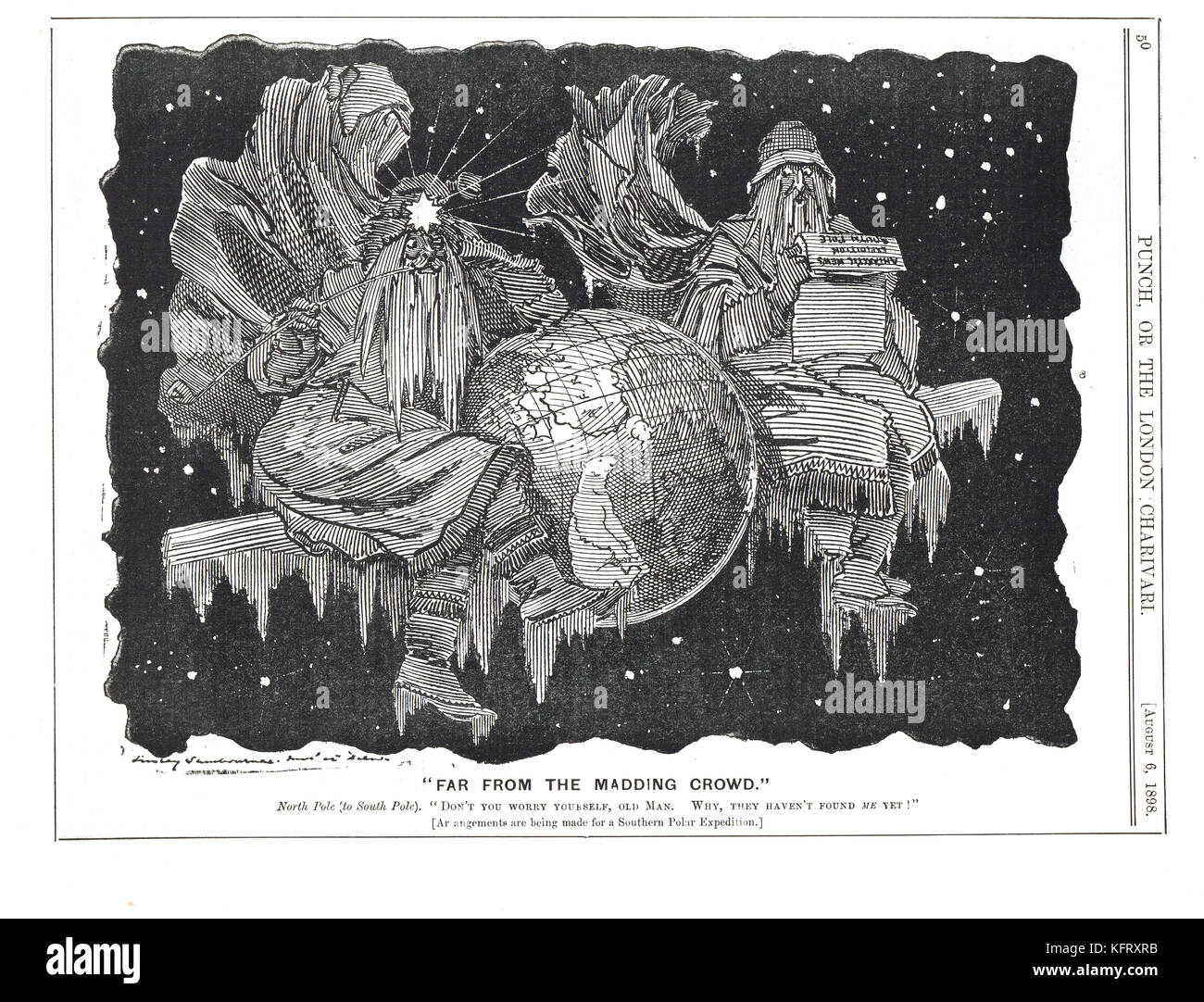 Southern Cross Expedition, Punch-Cartoon 1898, der Nordpol sagt dem Südpol, er solle sich keine Sorgen machen, da sie ihn noch nicht gefunden hätten. Stockfoto