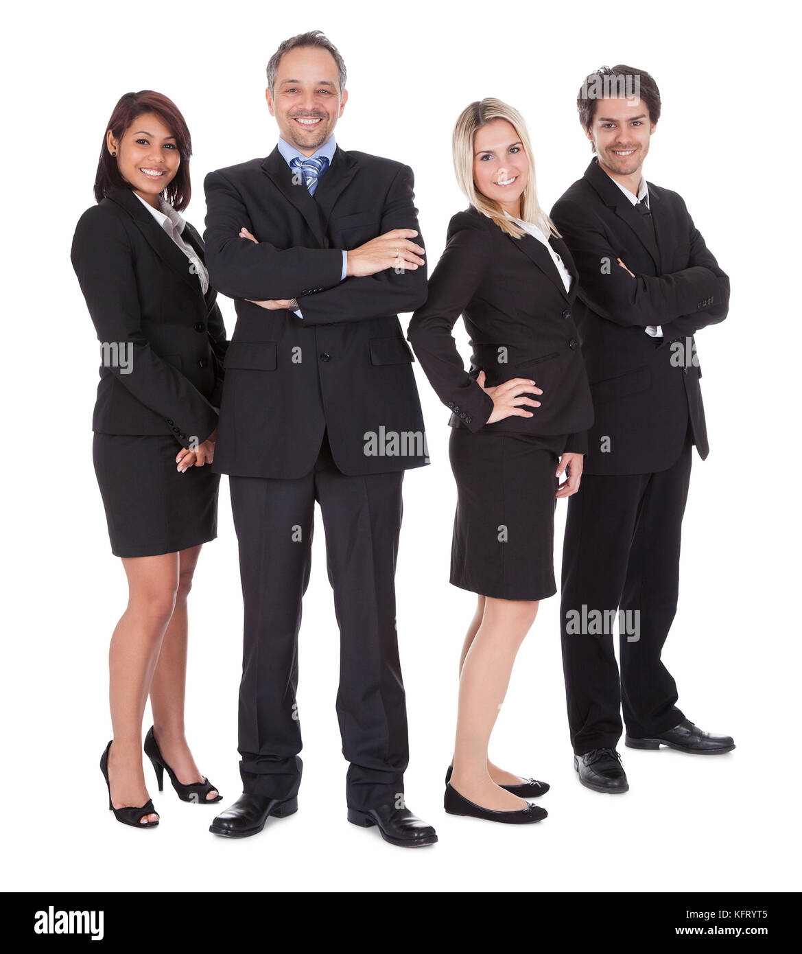 Vielfältige Gruppe von Geschäftsleuten sicher gemeinsam auf weißem Hintergrund Stockfoto