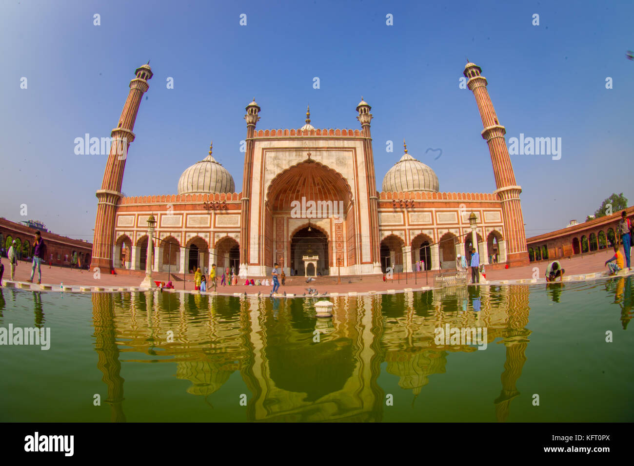 Delhi, Indien - 27. September 2017: schöne Aussicht von Jama Masjid Tempel, das ist die größte Moschee in Indien Delhi, Indien, Fischaugen-Effekt Stockfoto