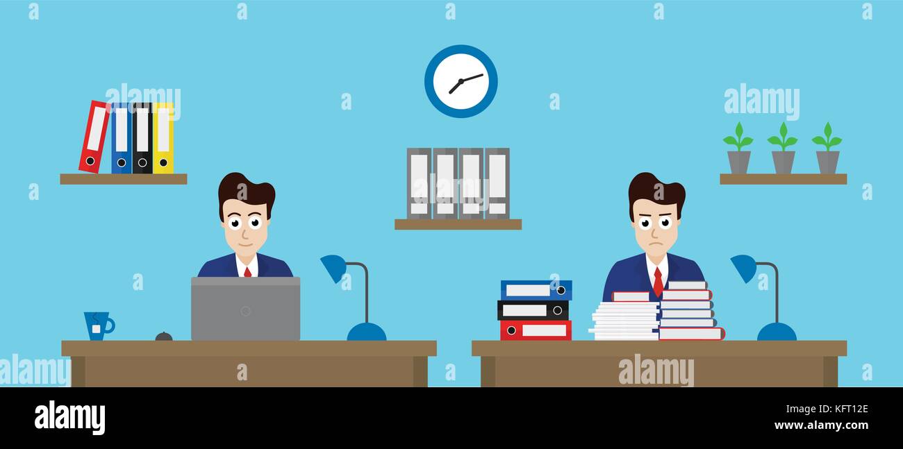 Vector Abbildung von zwei Büroangestellte in einem Büro mit verschiedenen Arbeiten - flaches Design Stock Vektor