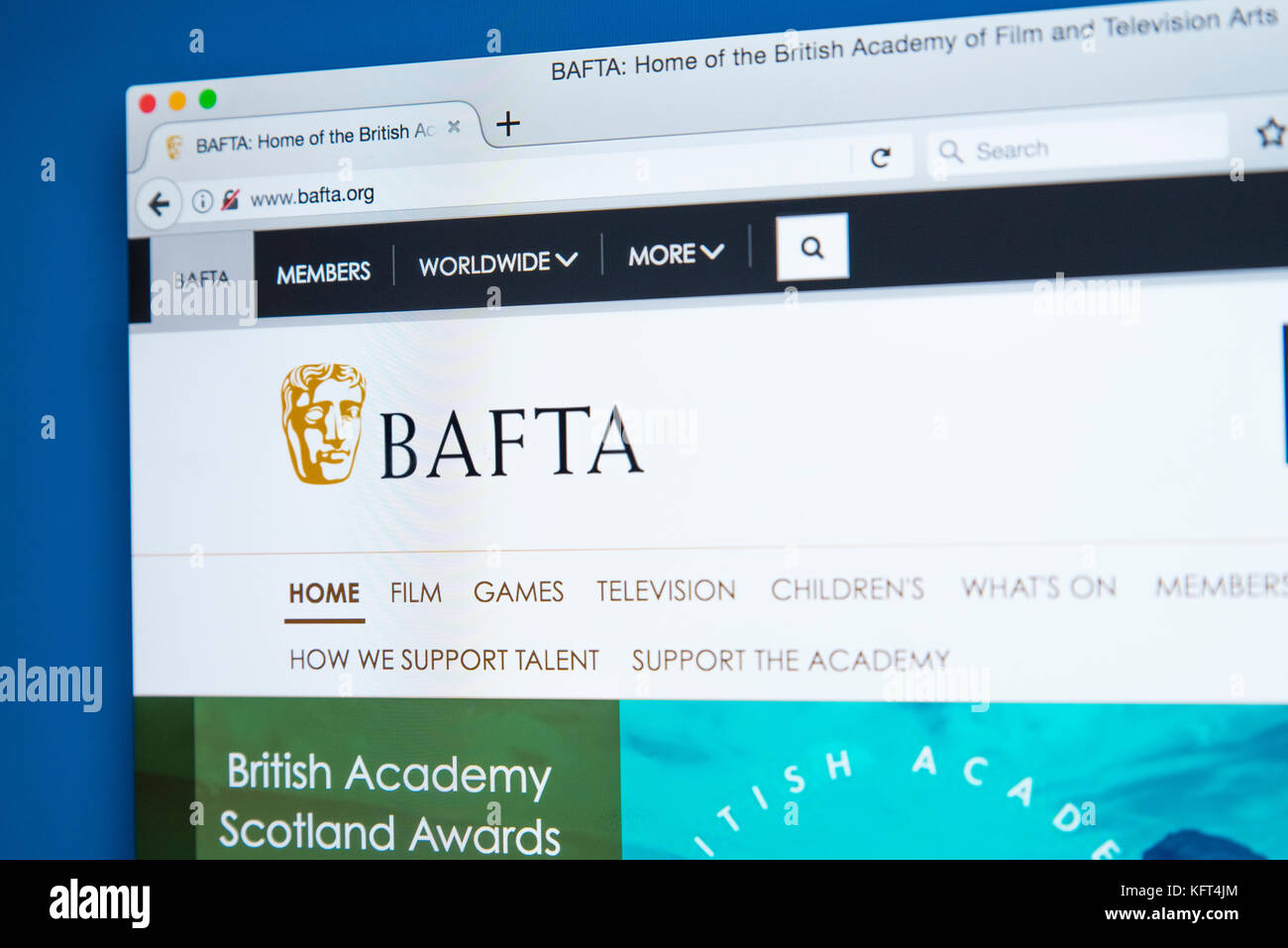 London, UK, 17. Oktober 2017: Die Homepage der offiziellen Website für den BAFTA-der Britischen Akademie für Film und Fernsehen, Kultur, am 17. Oktober 2017 Stockfoto