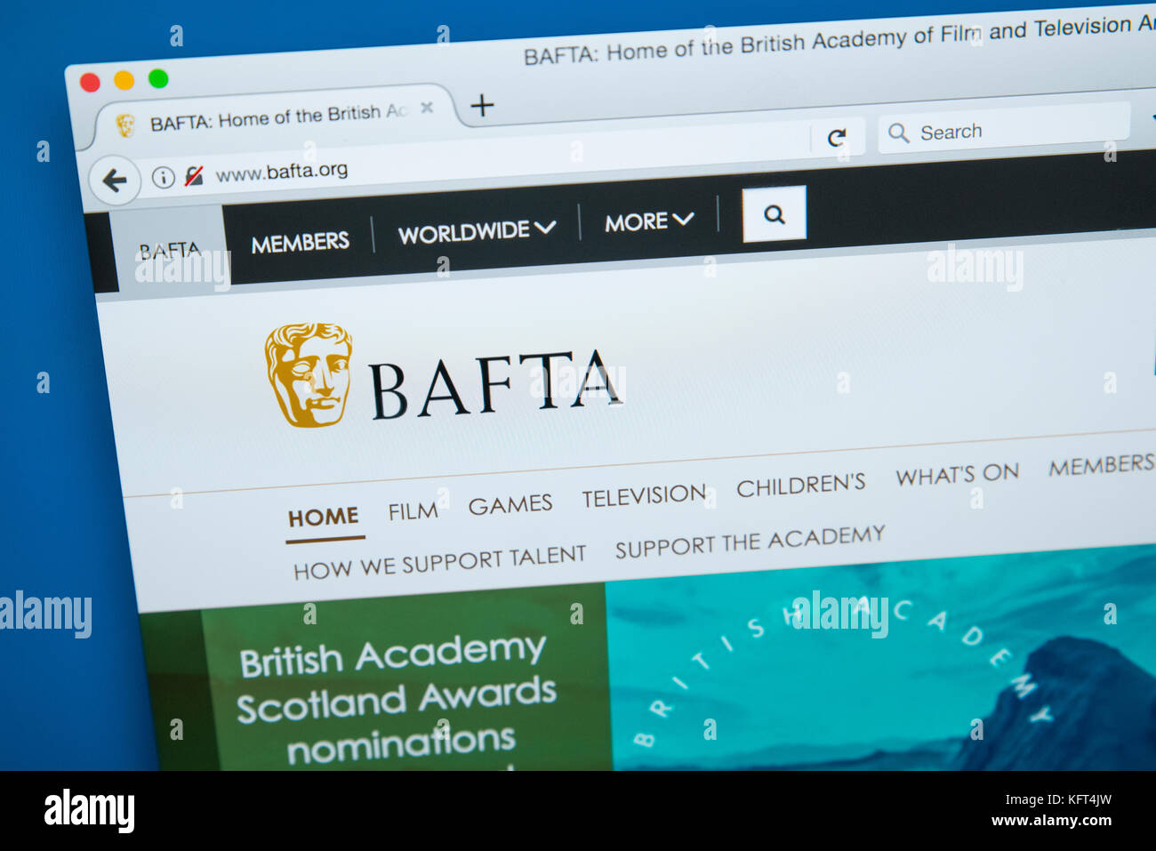 London, UK, 17. Oktober 2017: Die Homepage der offiziellen Website für den BAFTA-der Britischen Akademie für Film und Fernsehen, Kultur, am 17. Oktober 2017 Stockfoto