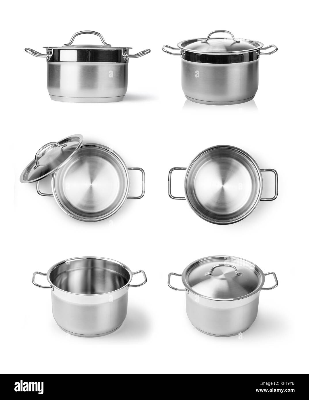 Öffnen Edelstahl Kochtopf isoliert auf weißem Stockfoto