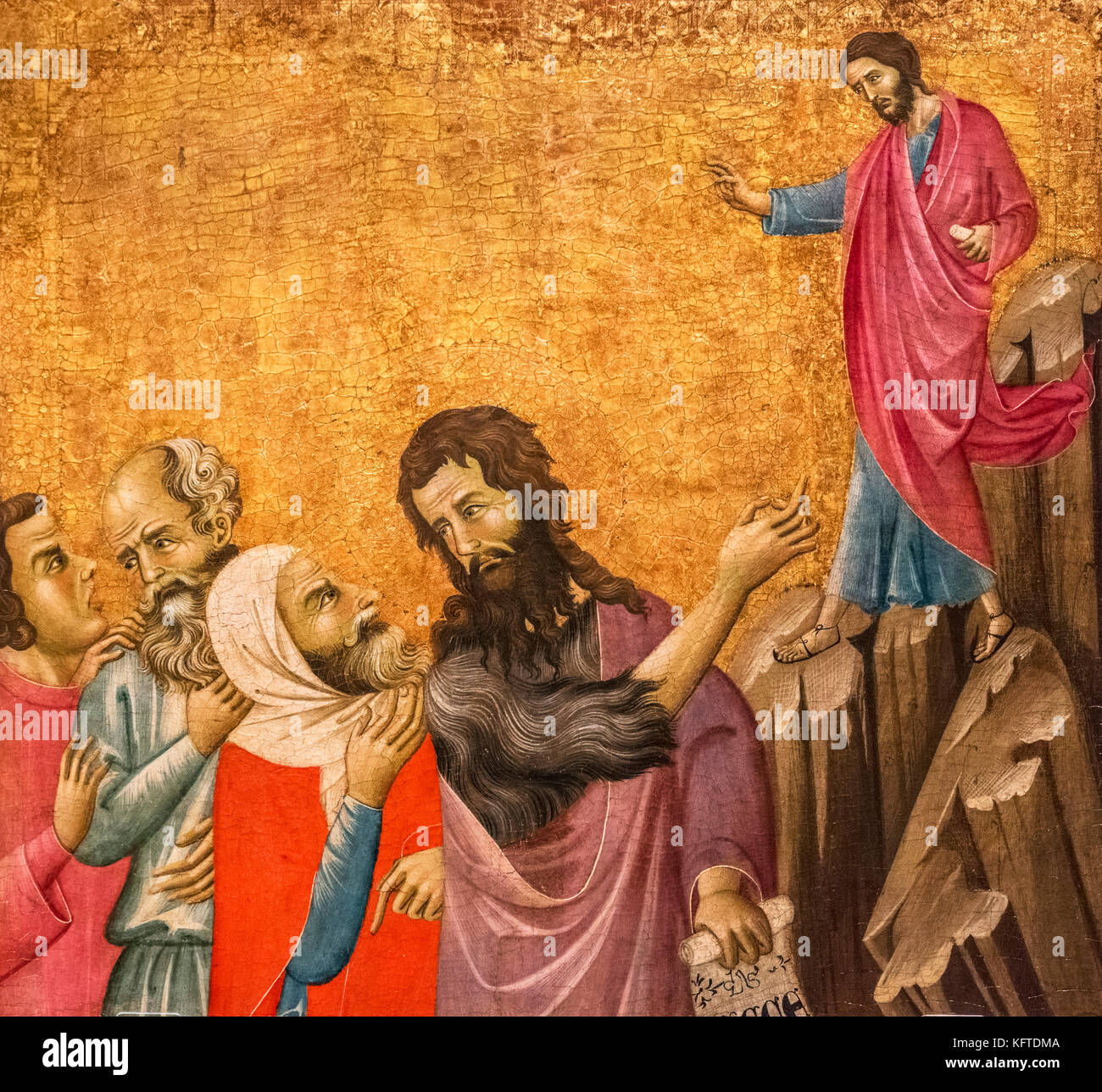 Das Zeugnis des Johannes der Täufer von Meister von San Torpe (active C. 1290-1325), Tempera auf panel, c 1310-1320. Das Gemälde zeigt Johannes den Täufer gestikulierend zu Jesus Christus und der Verkündigung "Siehe, das Lamm Gottes, das die Sünden der Welt" nimmt. Stockfoto