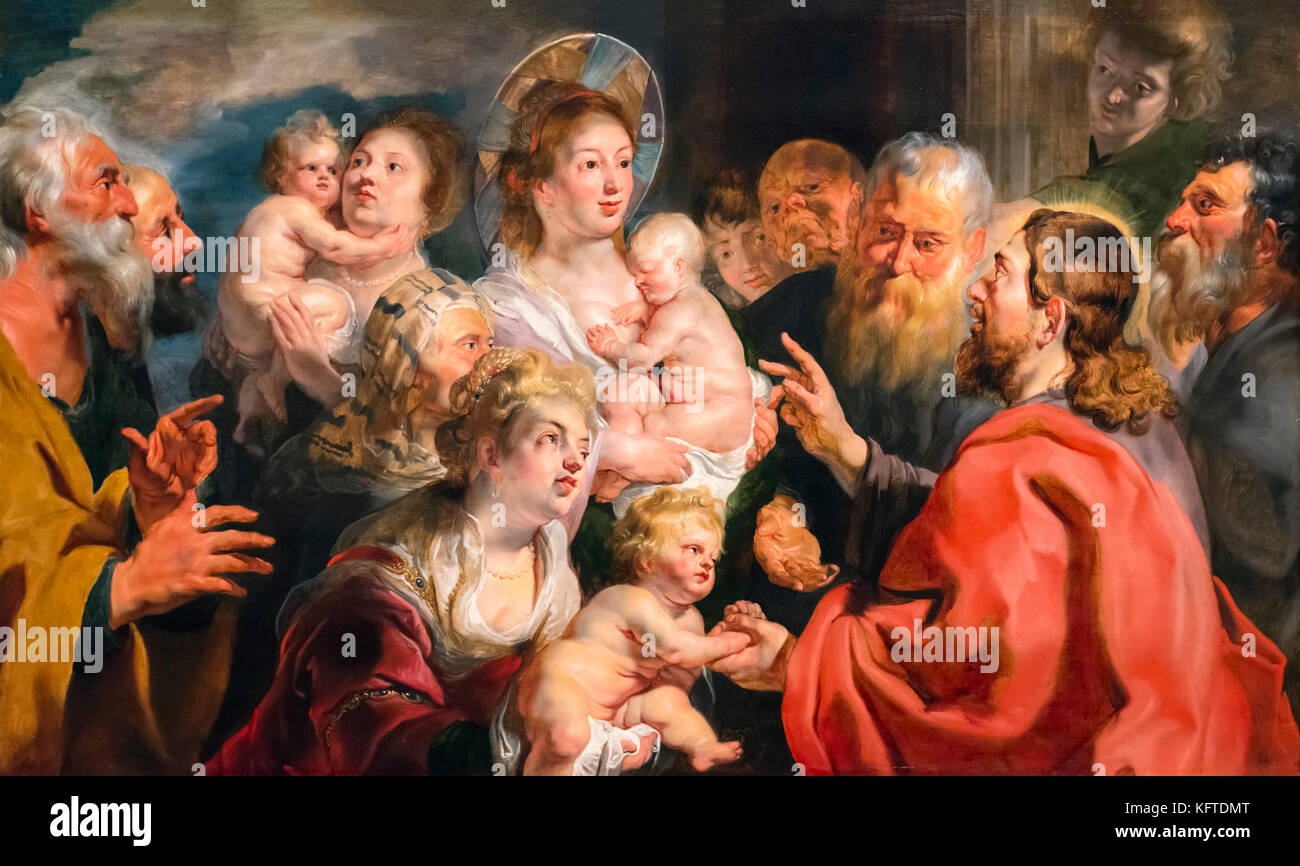Die kleinen Kinder leiden zu mir kommen (Mk 10, 13-16) von Jacques Jordaens (1593-1678), Öl auf Leinwand, 1615-6 Stockfoto
