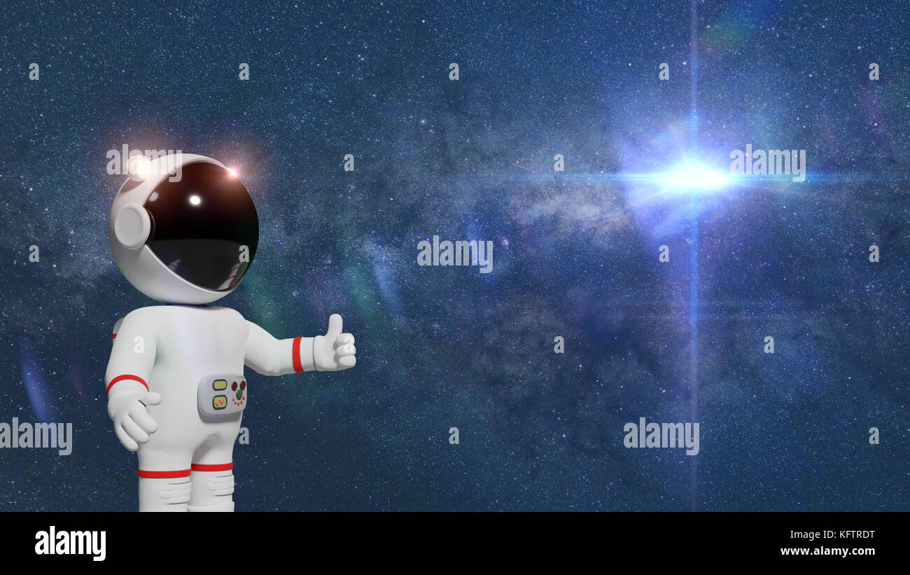 3d Cartoon astronaut Charakter geben einen Daumen nach oben in einen leeren Raum vor der Sterne und der Sonne Stockfoto
