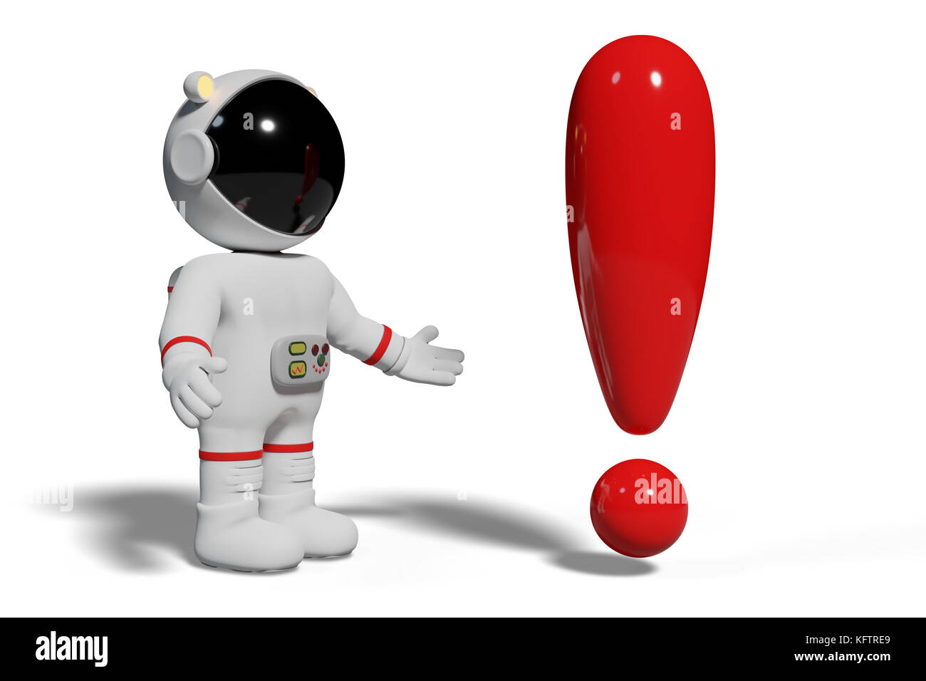 Astronaut, 3d cartoon Zeichen an roten Ausrufezeichen auf der Suche (3d-Abbildung auf weißem Hintergrund) Stockfoto