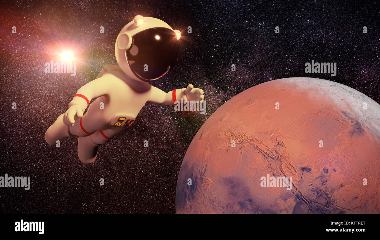 Cartoon astronaut Charakter im weissen Anzug im Orbit des Planeten Mars (3d-Abbildung) Stockfoto