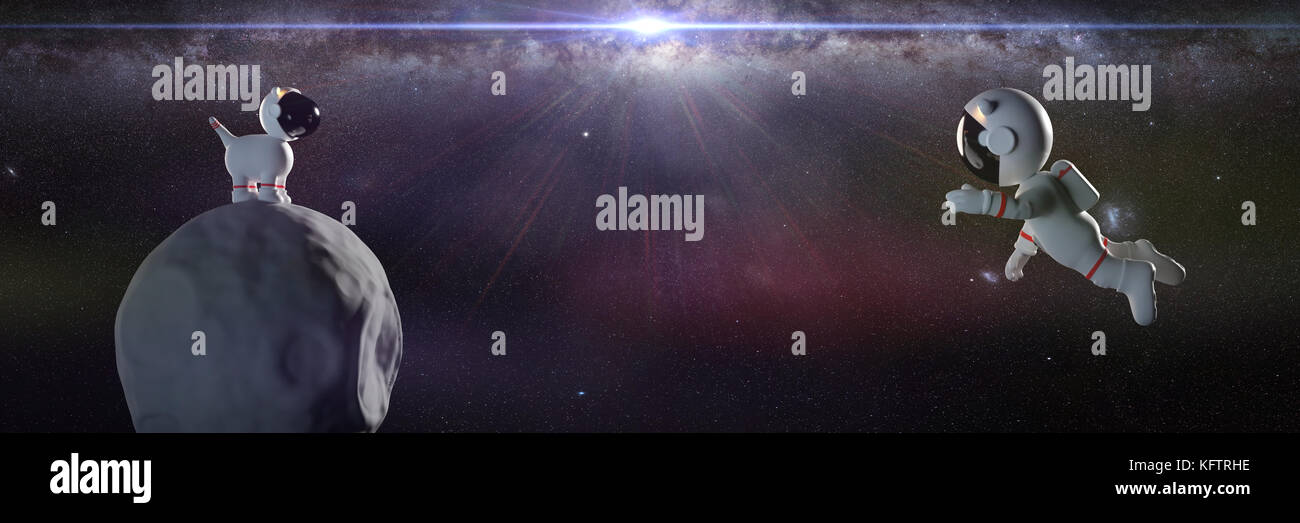 Niedlicher Cartoon-Astronaut und Weltraumhund auf Asteroiden im weißen Raum Anzüge vor der Milchstraße und einem hellen Stern (3D-Illustrationsbanner) Stockfoto