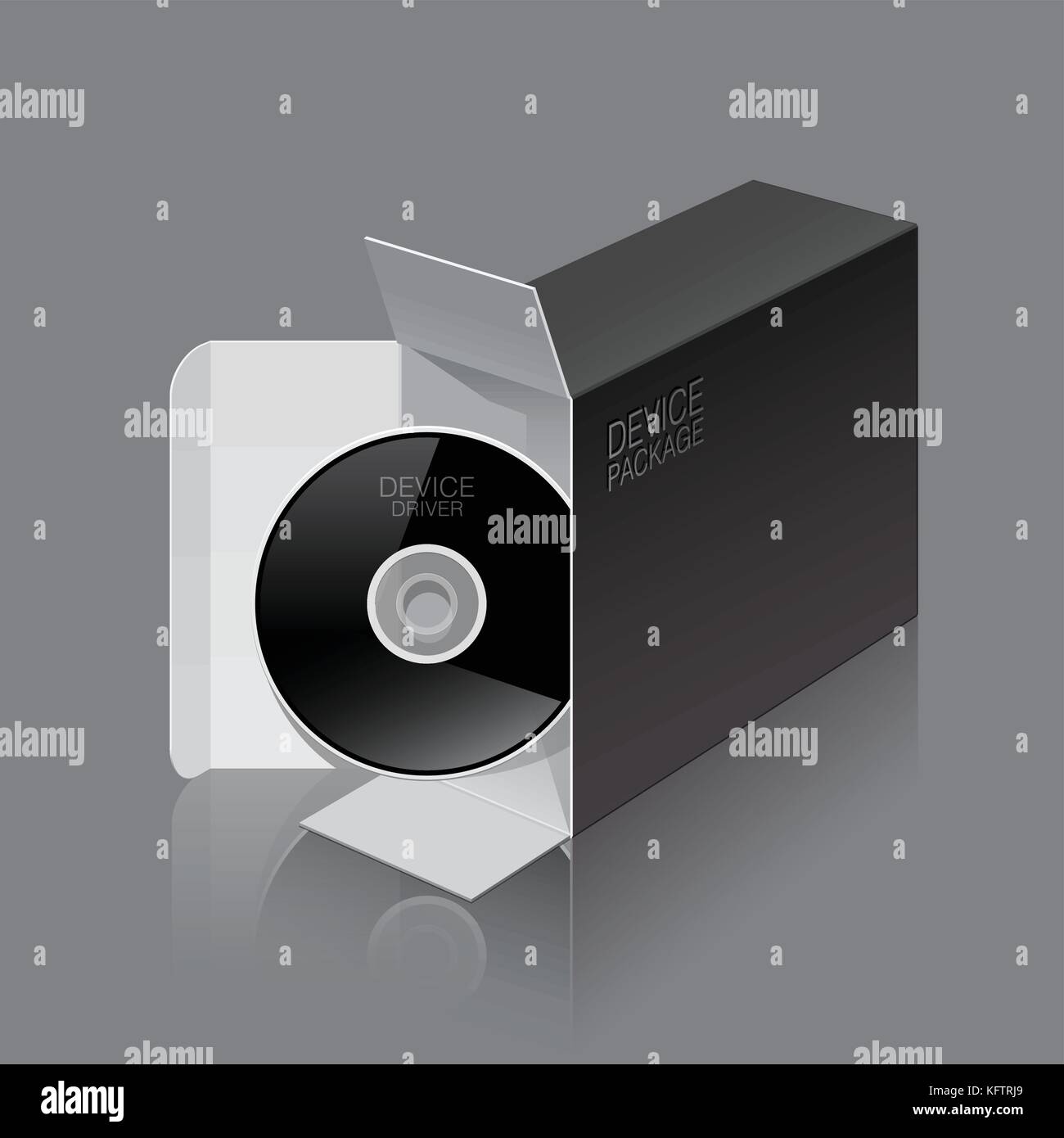 Realistische schwarz Paket wird geöffnet, der auf seiner Seite mit DVD- oder CD-Laufwerk. Stock Vektor