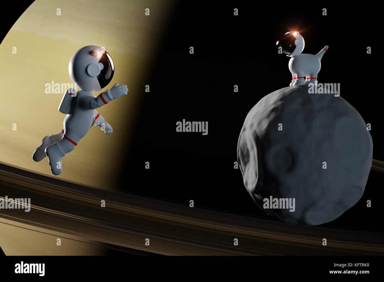 Cute cartoon Astronaut und Space Dog auf einem kleinen Mond in weißen Raumanzügen vor der Planet Saturn (3d-Abbildung) Stockfoto