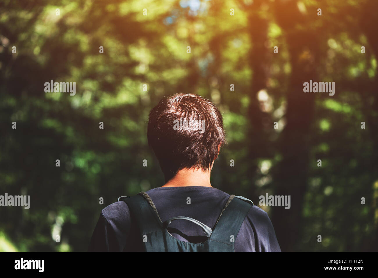 Ansicht der Rückseite des Erwachsenen kaukasischen Mann mit Rucksack beim Spaziergang im Park auf sonnigen Sommernachmittag. gesunder Lebensstil, Erholung und Natur liebenden Stockfoto